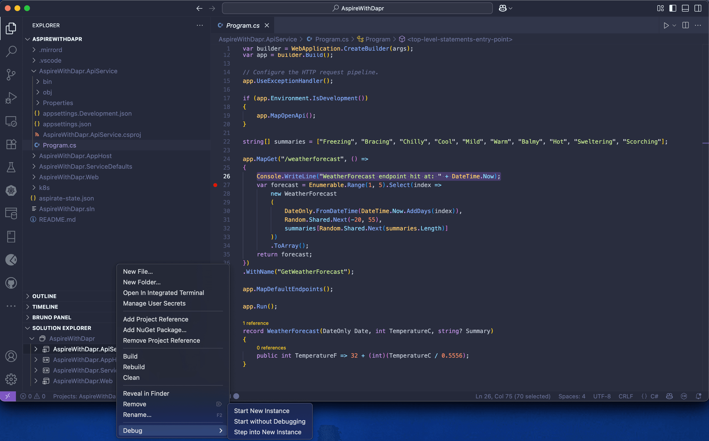 Visual Studio Code debug target selection for the API service