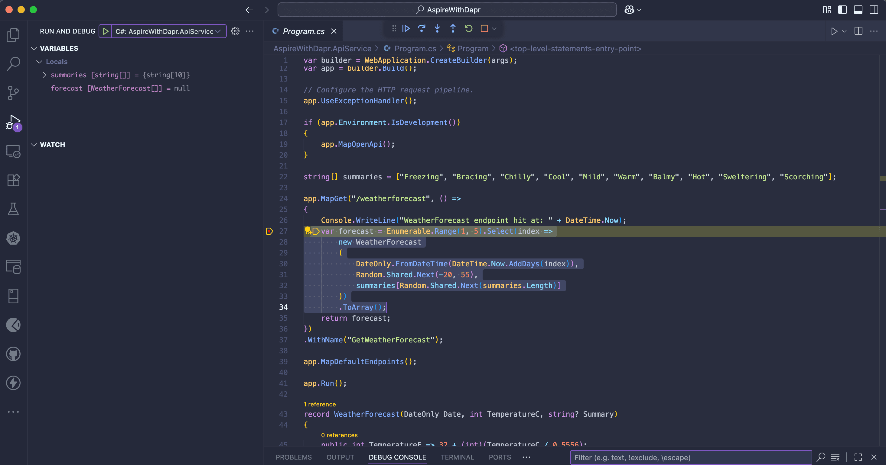 Visual Studio Code paused at a breakpoint while mirrord routes Kubernetes traffic locally