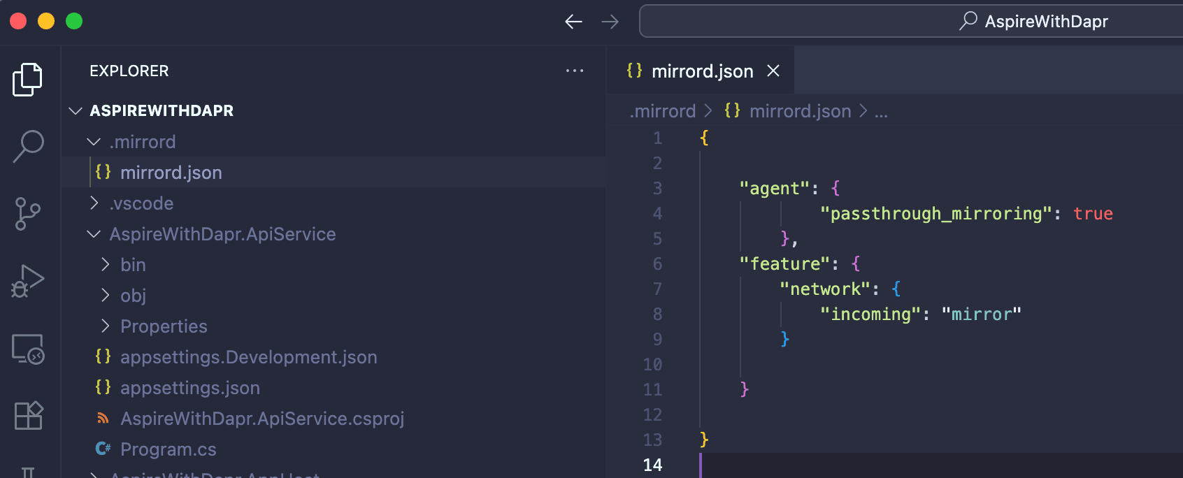 Generated mirrord configuration file in Visual Studio Code