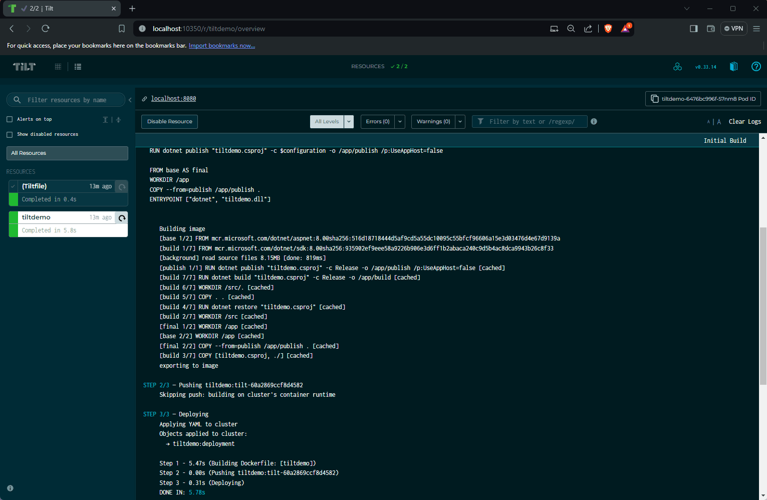 Tilt resource logs for the first application run
