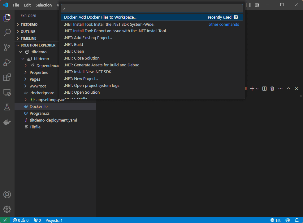 Visual Studio Code command palette option for adding a Dockerfile
