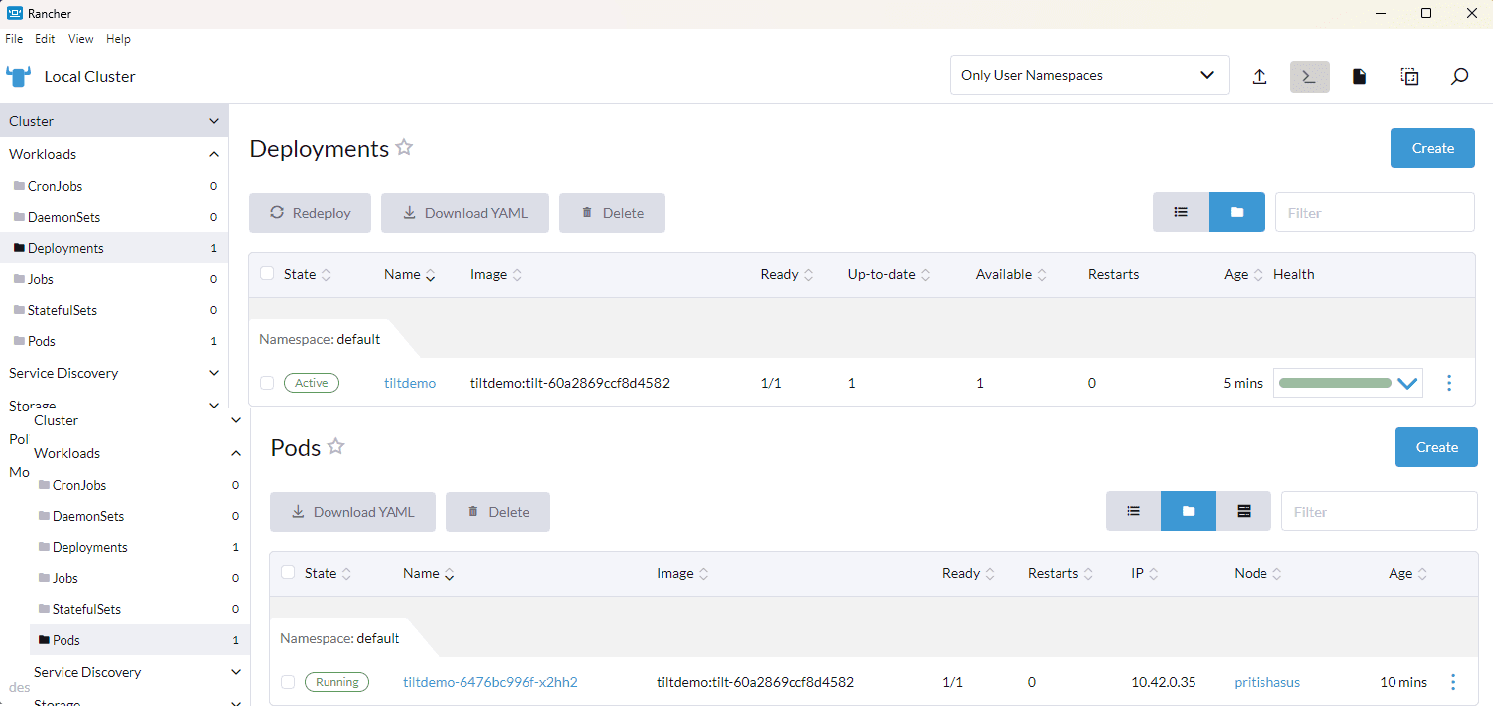 Rancher Desktop showing the deployed Kubernetes workload and pod