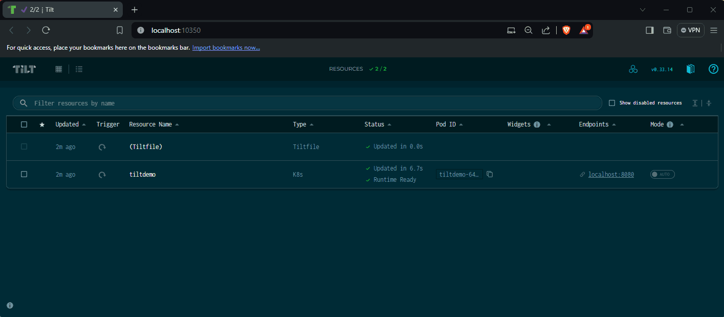 Tilt web UI showing the tiltdemo resource