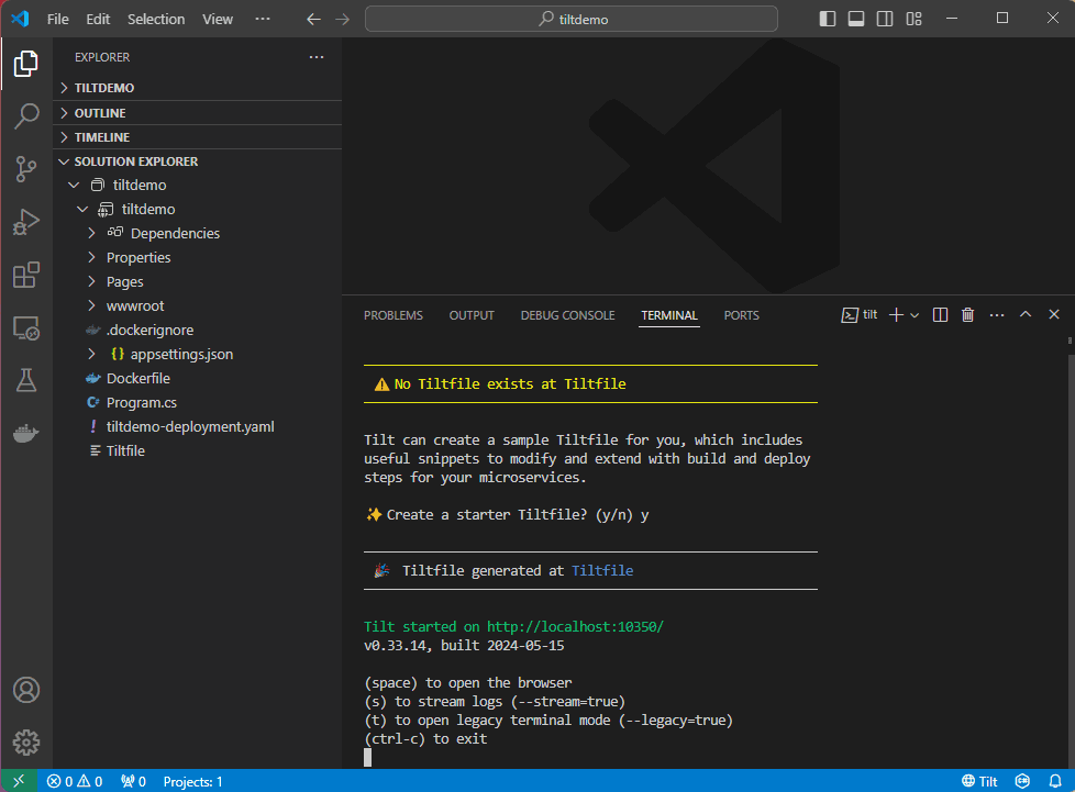 Terminal output after running tilt up