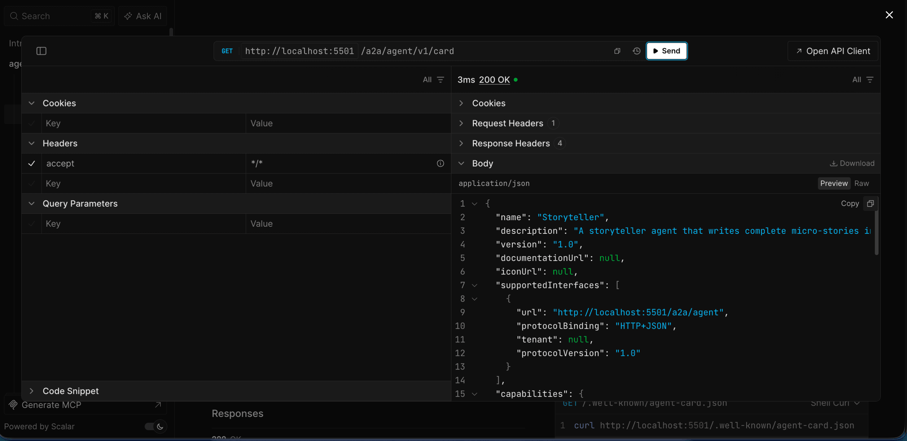 Scalar UI showing the agent protocol API surface