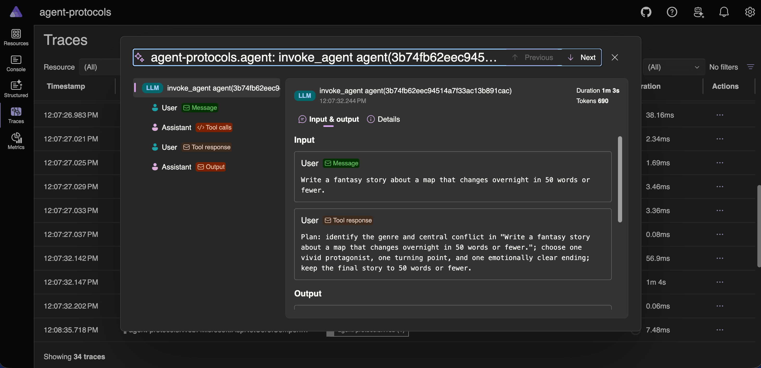 Aspire trace details for a prompt submitted to the agent protocol demo