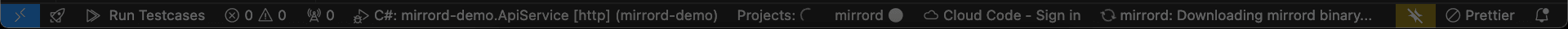 Visual Studio Code status bar showing mirrord preparing the debug session