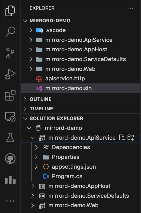 Demo Aspire application opened in Visual Studio Code