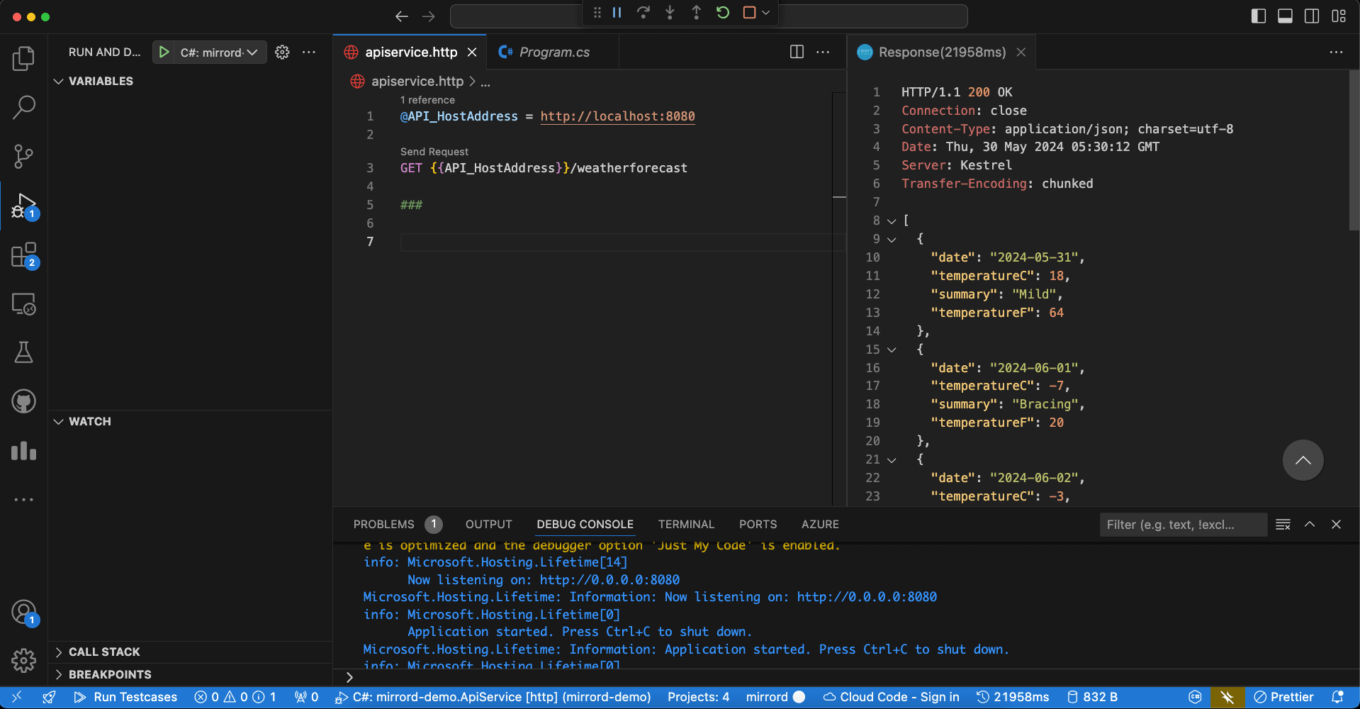 apiservice.http file used to call the local API during debugging