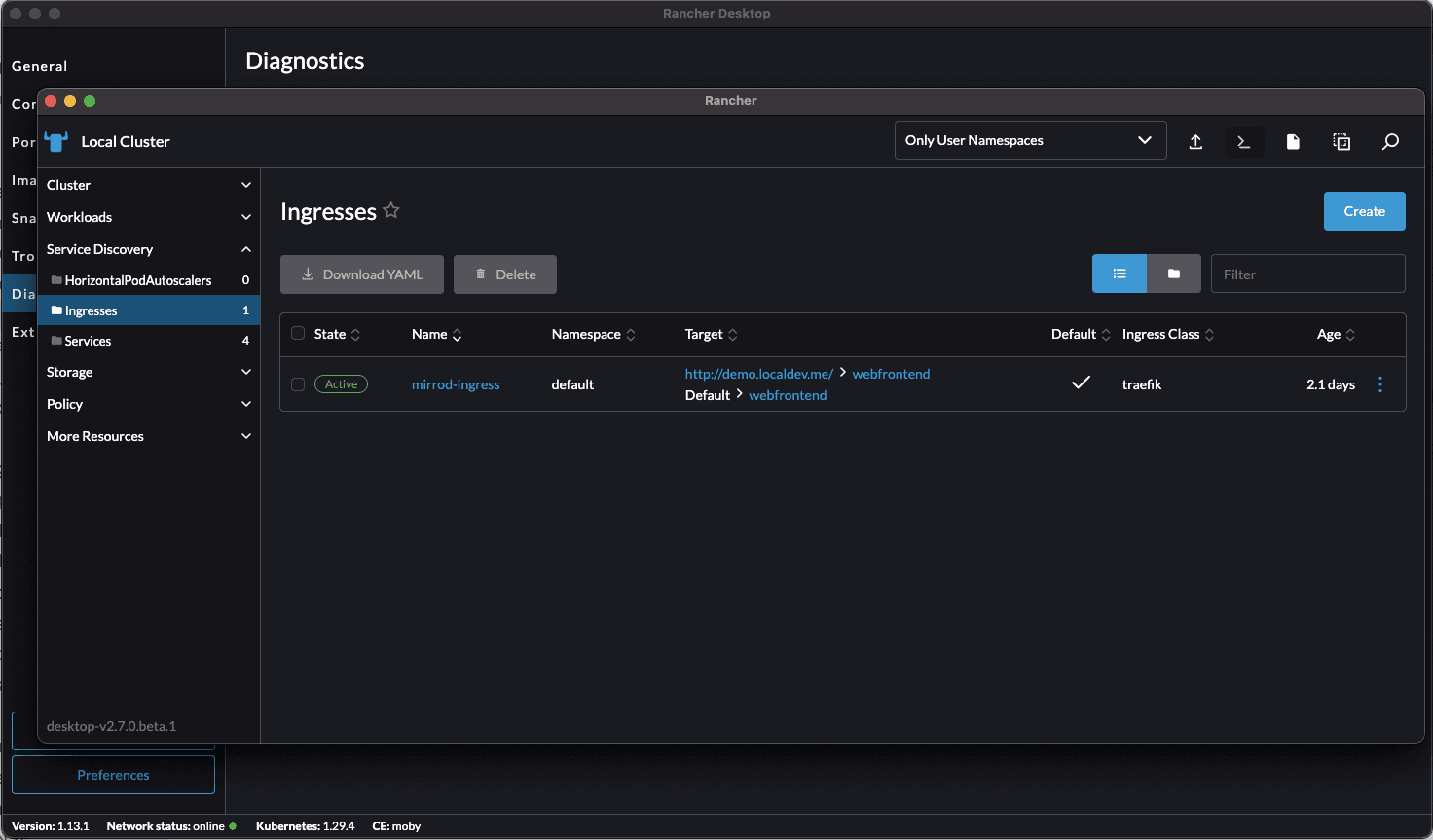 Rancher Desktop ingress configuration for the webfrontend service