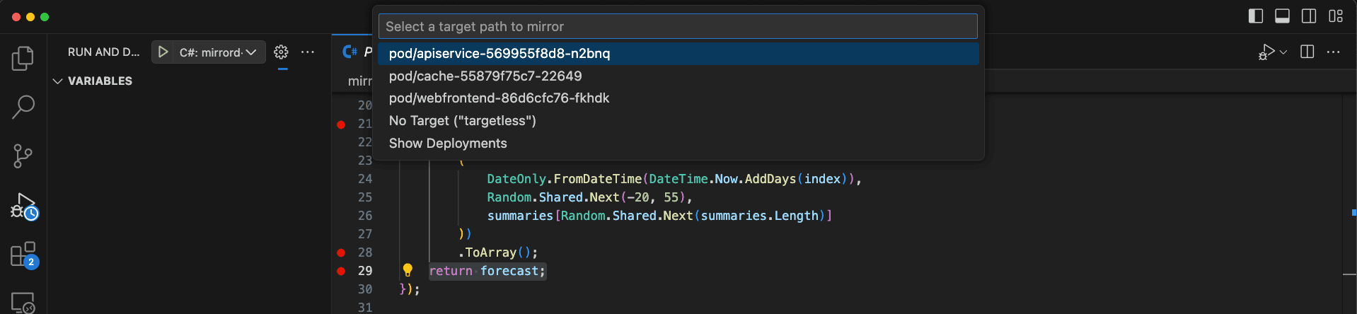 mirrord pod selection dialog for the remote Kubernetes workload
